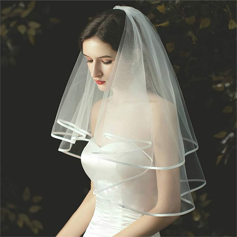 Véu branco do casamento do tule com borda da fita para mulheres, véu nupcial curto com pente, traje do partido do bachelorette