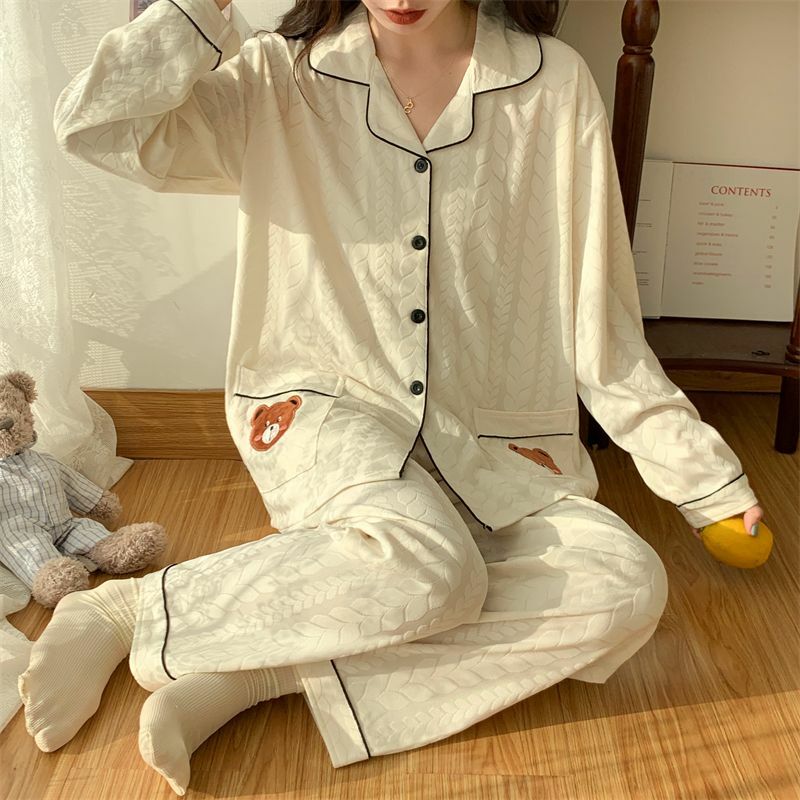 Conjunto de pijama de duas peças feminino, cardigã de lapela, puro algodão, manga comprida, simples, casual, confortável feminino, outono, novo