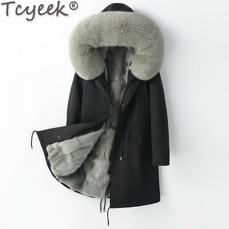 Tcyeek-abrigo desmontable con forro de piel de zorro para hombre, chaqueta de piel con capucha de longitud media, Parka gruesa, ropa de invierno, 23
