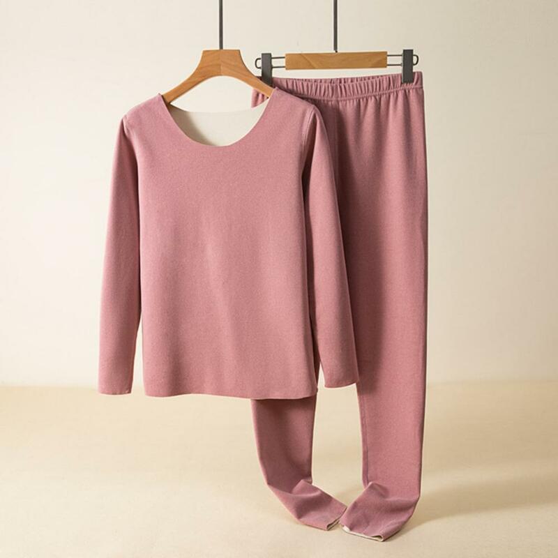 Solid Color Base Layer Shirt Women's Winter Pajamas Set with O Neck Long Sleeve Top Thermal Underwear Trousers Seamless Thick