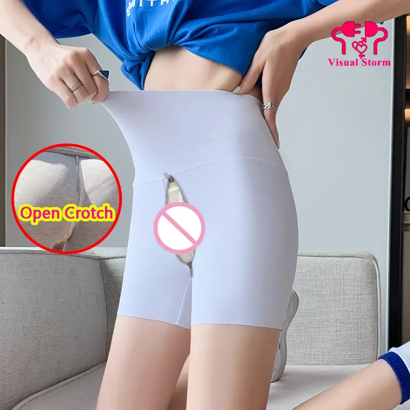 Woman Open Crotch Sexy Mini Leggings Elastic High Rise Breathable Crotchless Pants Sport Outdoor New Sex Clubwear Short Trousers