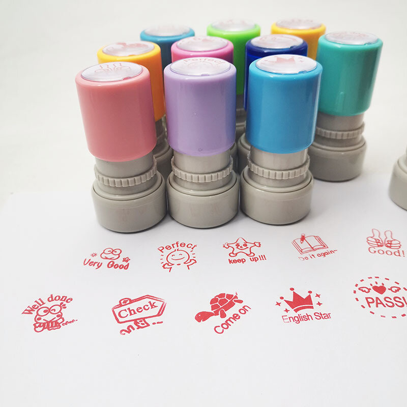 5pcs/lot Teacher Stamps English Remark Photosensitive Ink Stamp DIY Kindergarden Teacher Read Over Test Praise Kids Cute Seals