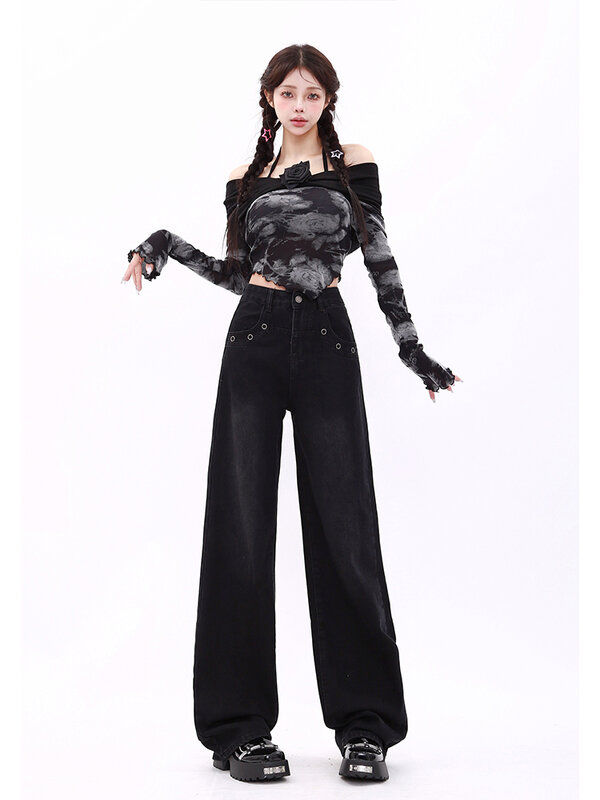 Jeans gotici neri da donna Harajuku Vintage Y2k pantaloni larghi in Denim pantaloni Jeans Oversize stile giapponese 2000s Emo vestiti alla moda