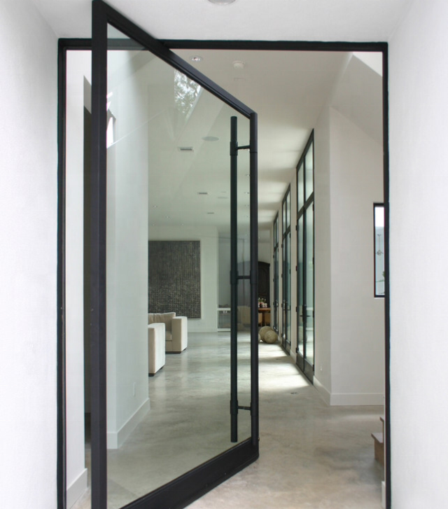 Nowy projekt i gorąca sprzedaż szkło hartowane Aluminium Pivot frontowe drzwi z dużym szkło panelowe
