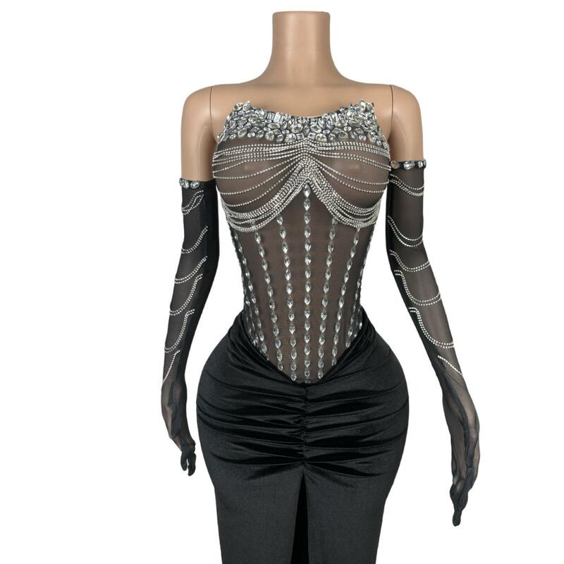 Veri abiti da ballo lunghi 2024 Luxury Sexy Sheer Mesh Silver Diamond Black Girls Mermaid Prom Party abiti da Gala con guanti Heitiane
