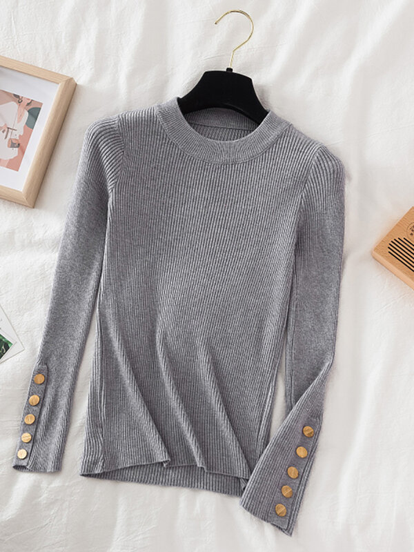 2024 women thick sweater pullovers khaki casual autumn winter button o-neck chic sweater female slim knit top soft jumper tops