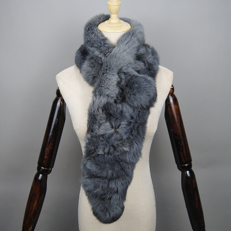 Bufanda de piel de conejo auténtica para mujer, bufandas largas y cálidas de pelo de conejo, pompones mullidos de punto, novedad de invierno, 2022