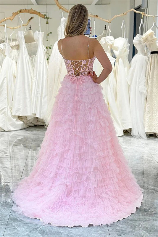 Gaun Prom Tiered A-Line tanpa lengan punggung terbuka ilusi Panjang menyentuh lantai gaun malam A-Line