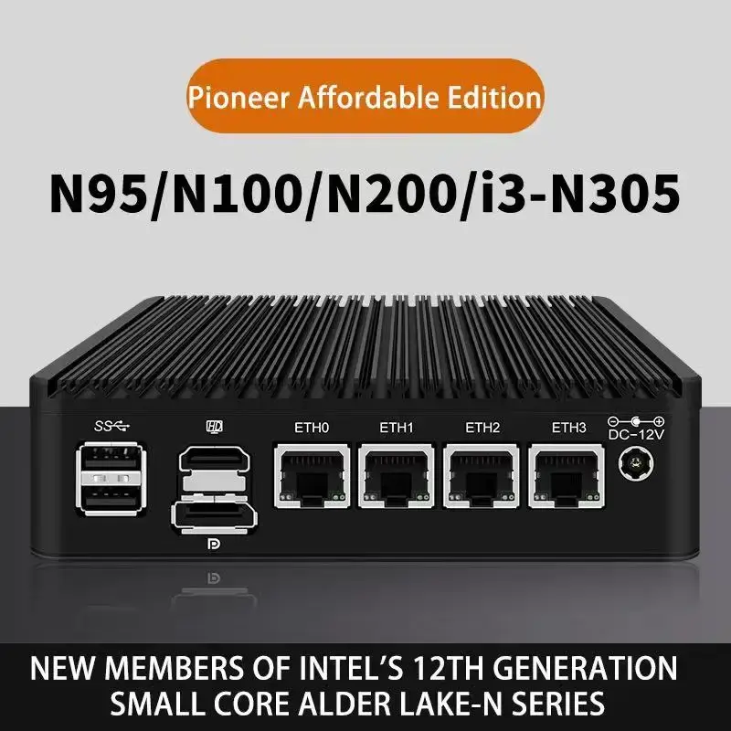 12th Gen Intel i3 N305 N200 N100 Mini Desktop Pocket Computer Firewall Router Mini PC 4xi226-V 2.5G Proxmox Host Fanless PC