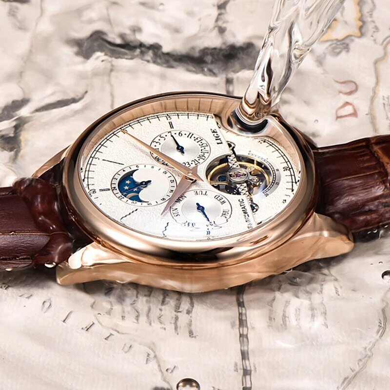 Lige男性時計自動機械式時計トゥールビヨン時計本革防水時計男性ミリタリー腕時計