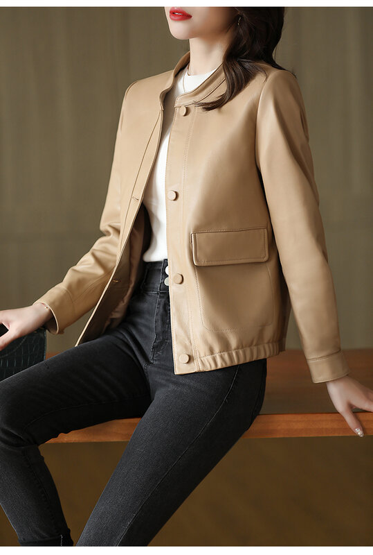 Yunsue-本革のジャケット2023,女性用,春と秋,本物のシープスキンジャケット,ショートレザースタンド,襟