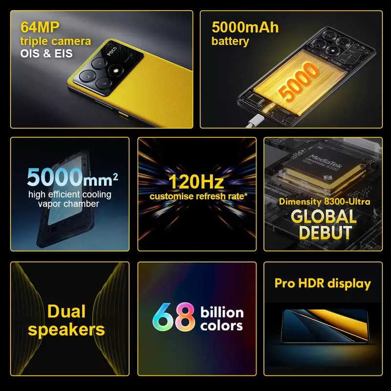 POCO-X6 Smartphone Pro 5G, Versão Global, NFC, 6,67 ", Dimensão 8300-Ultra, Fluxo 1.5K, Display de Ponto AMOLED, 64MP, Carregamento Turbo 67W