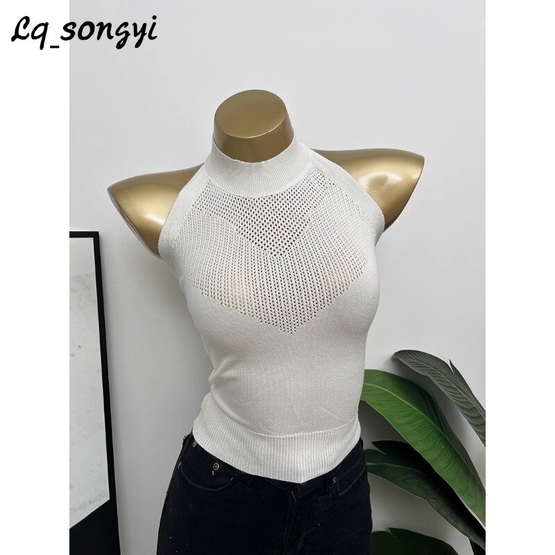 Lq_songyi-camisetas con cuello Halter para mujer, Tops de punto ajustados, Top ajustado alto, camiseta sin mangas Lisa ahuecada 2024
