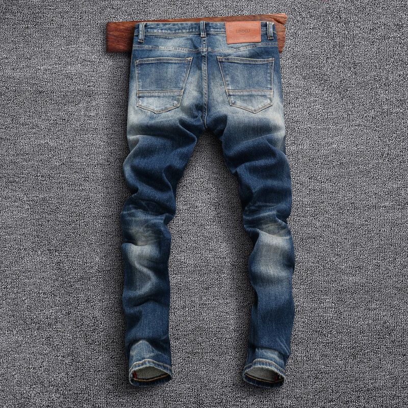 Jeans Pria Mode Eropa Jeans Sobek Ramping Elastis Biru Retro Kualitas Tinggi Celana Denim Vintage Desainer Bordir Pria Hombre