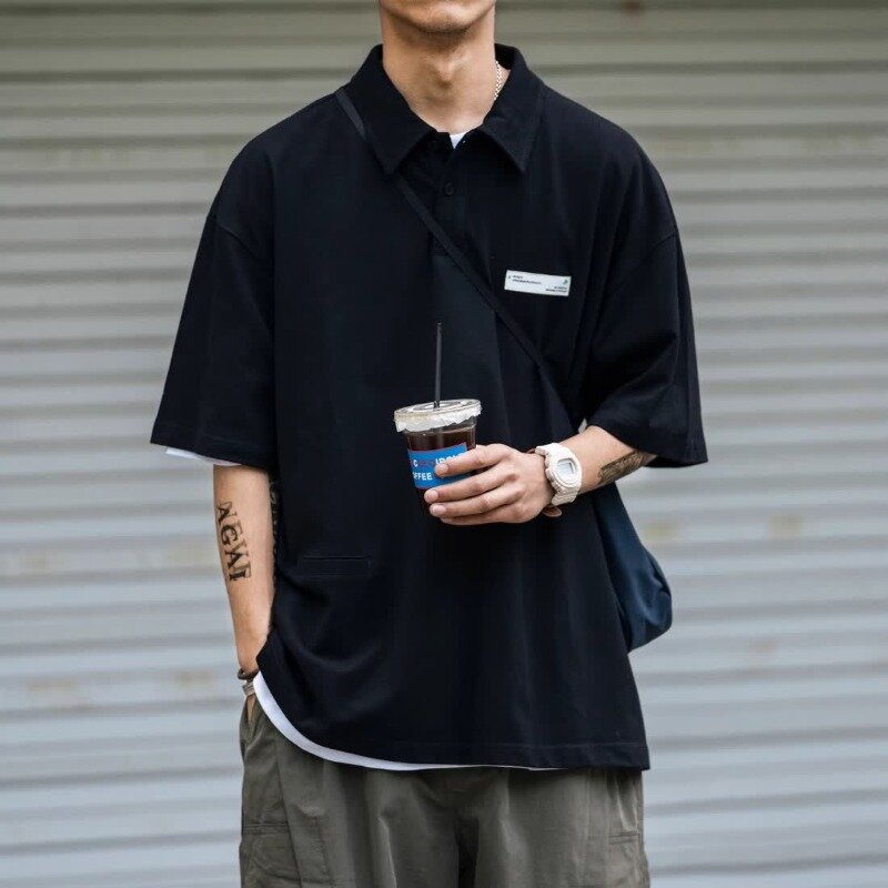 Летняя рубашка-поло в стиле японского бойфренда, новинка 2024, модная однотонная удобная свободная Универсальная футболка на пуговицах с коротким рукавом, Топ