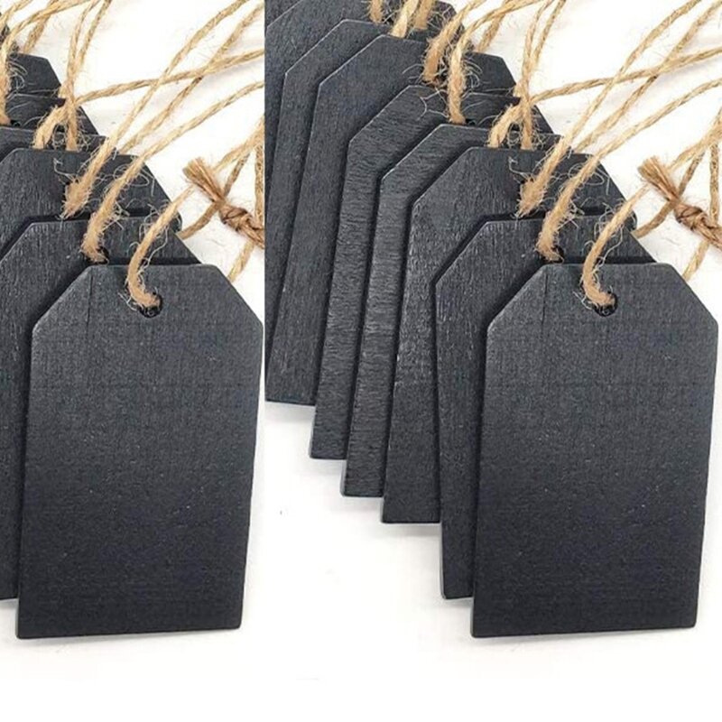 Pizarra colgante borrable para decoración de pared, juego de 50 letreros de pizarra negra con etiqueta con cuerda de yute, letreros de madera
