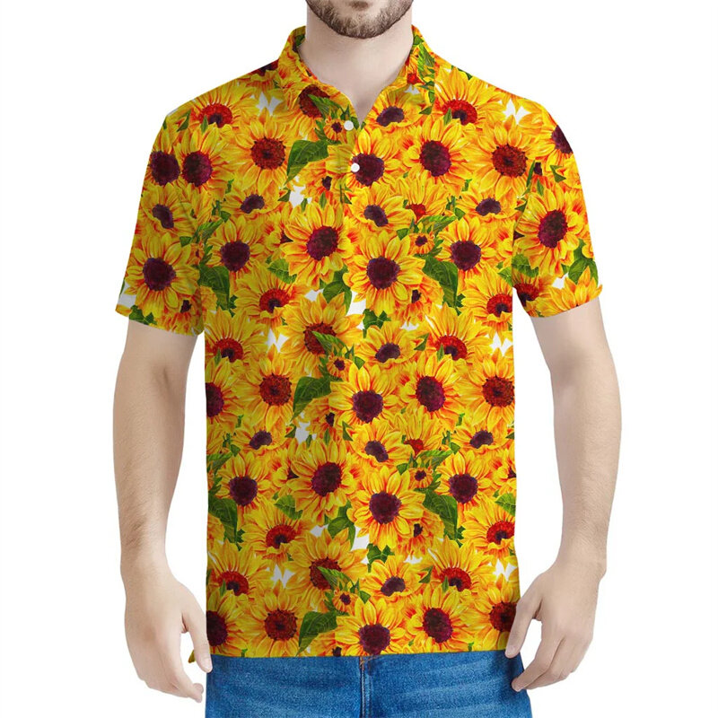 Polo à manches courtes imprimé en 3D pour hommes, t-shirt à revers, t-shirts à boutons, streetwear, jaune, tournesol, graphique de plantes et de fleurs, été, nouveau