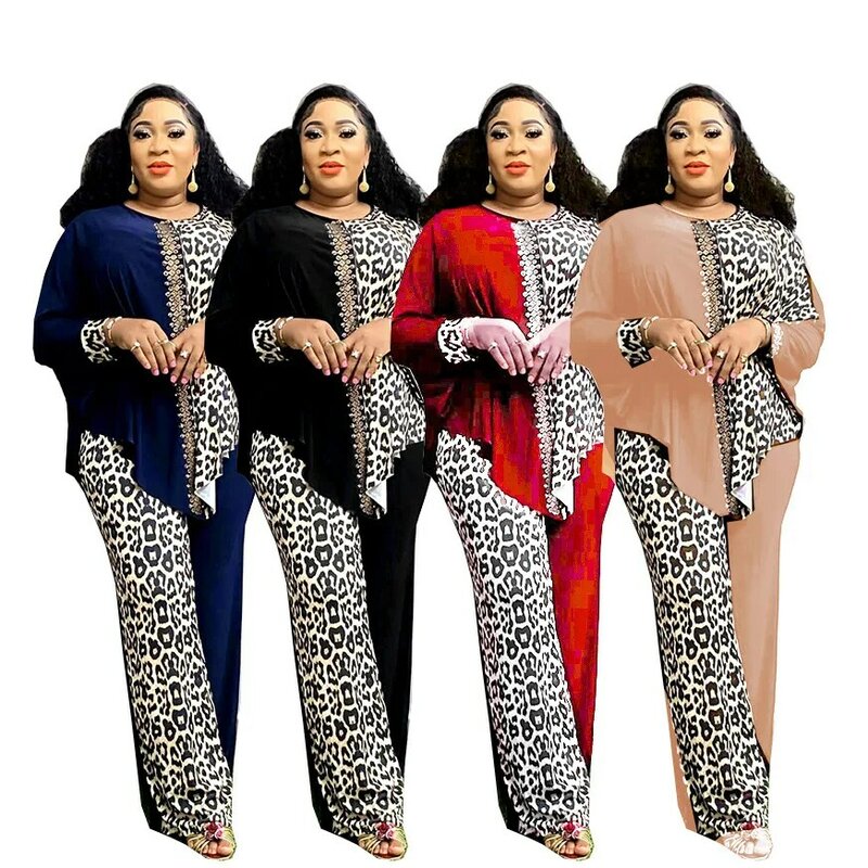 Roupas africanas de duas peças para mulheres, manga comprida elegante, top com gola O, Calça Plus Size, Conjuntos Combinados, Dashiki, roupas de outono