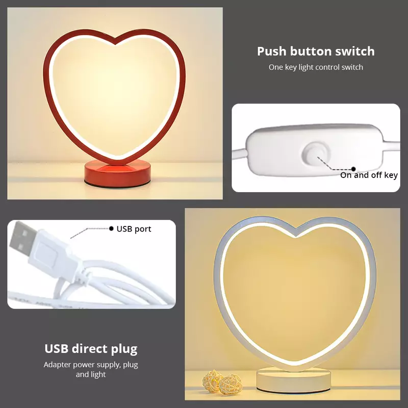โคมไฟตั้งโต๊ะสีขาวสำหรับงานแต่งงานไฟ LED รูปหัวใจตั้งโต๊ะหนังสือเล่มเล็กๆสำหรับกลางคืนห้องข้างเตียงนอนวันวาเลนไทน์