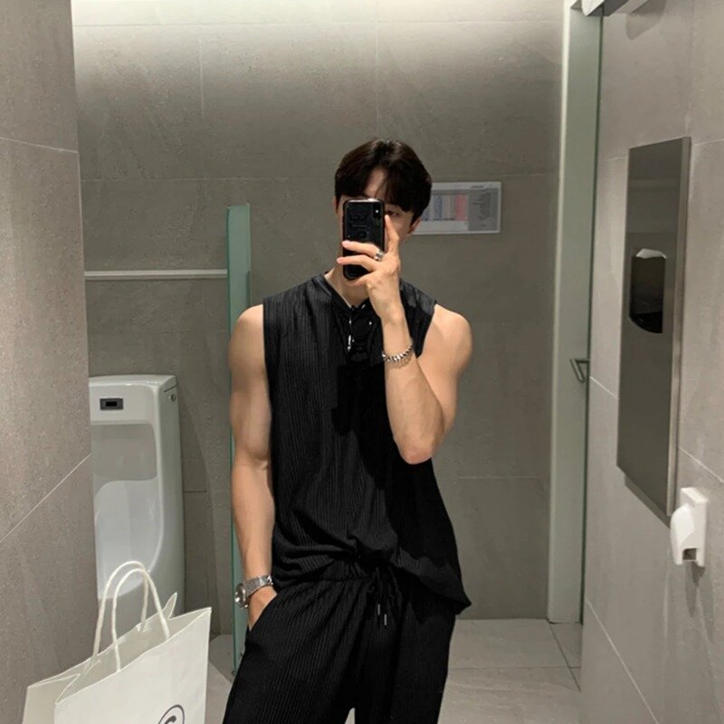 2pcs Men's Casual Tank Tops Set Luxury Korean Streetwear O Neck Solid Drape Vest+ Casual Trousers 2 Piece Suit Summer Clothing