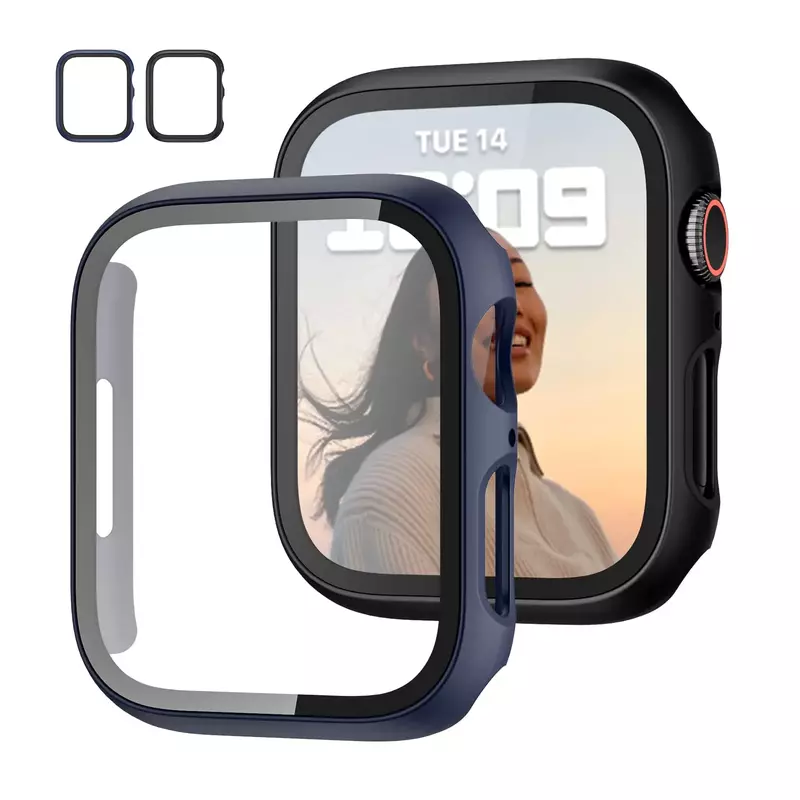 กระจกนิรภัย + เคสสำหรับ Apple Watch ซีรีส์8 7 44มม. 45มม. 41มม. 40มม. 42 iWatch 6 SE 5 4 3อุปกรณ์ป้องกันหน้าจอ Apple Watch