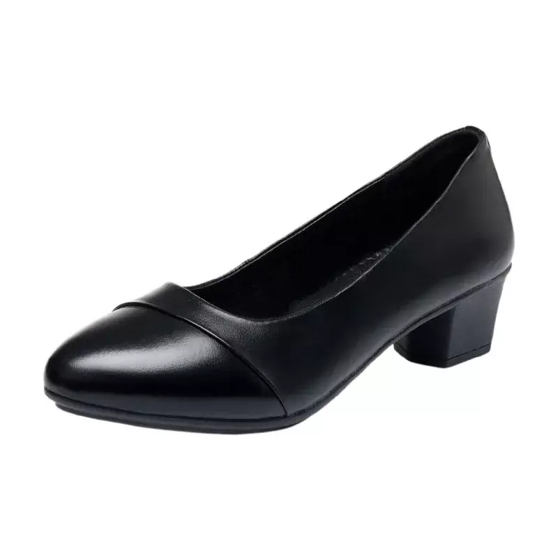 รองเท้าผู้หญิงกลาง Heel สำนักงานรองเท้าส้นสูงผู้หญิง PU หนังสีดำ Basic Square รองเท้าส้นสูงรองเท้าส้นแบนหญิง Zapatos