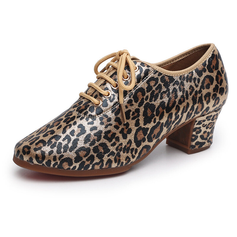 Sapatilhas Leopardo Femininas, Sola de Borracha, Saltos Quadrados, Sapatos de Dança, Salão de Baile Moderno, Jazz, Exterior, 3,5 cm, 5 cm