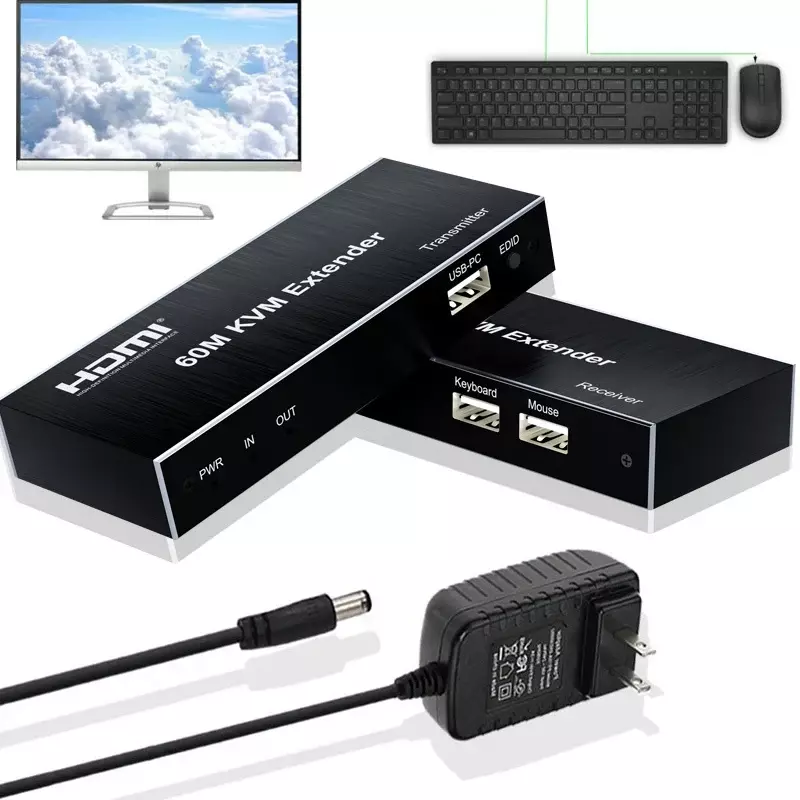 HDMI KVM Extender Over Ethernet Cable, Suporte a Switch Ethernet RJ45, USB, Mouse, Teclado, Loop IR, PS3, PS4, Xbox, PC, TV, Cat5e, 6, 60m