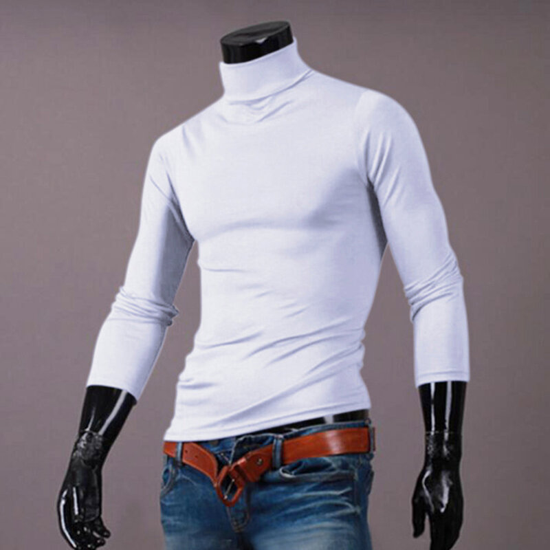 Camiseta de gola alta de algodão manga comprida masculina, top básico justo, roupa monocromática, quente, regular, primavera