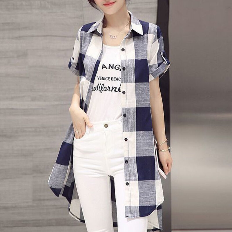 Spring Summer New Plaid Asymmetrical Loose Blouse Polo Neck Loose All-match Casual Shirt Tops Vintage Fashion Women Clothing