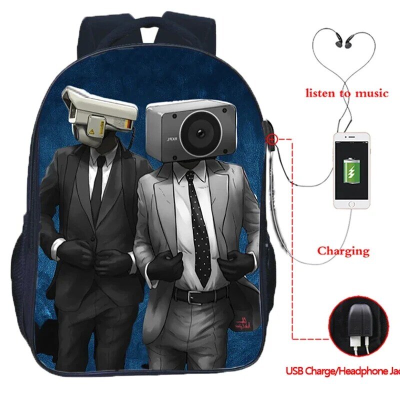 Skibidi-mochila con estampado de inodoro para niño y adolescente, morral escolar de dibujos animados con carga Usb, mochilas de alta calidad para ordenador portátil