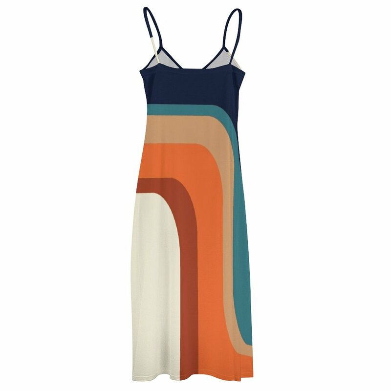 Dress tanpa lengan pelangi wanita, gaun pertengahan abad Modern memenuhi 1970s oranye dan biru pelangi gaun musim panas yang cantik dan elegan untuk wanita