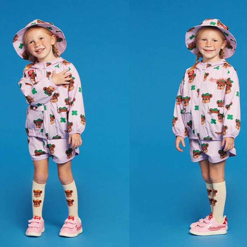 Korean Kids Clothes Set 2024 베베드피노 Summer Baby Boy Juliette Windbreaker Shorts Girls Bear Printed Jacket Children Casual Outwear