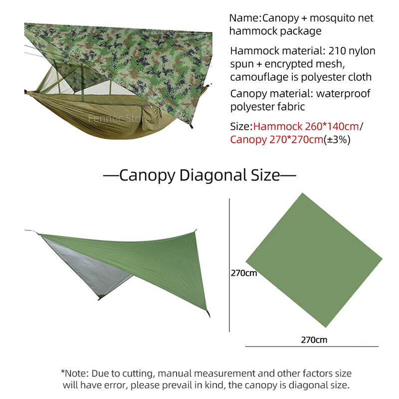 Hamac de camping avec moustiquaire et bâche de tente anti-pluie, léger, portable, double hypothèque, matériau en nylon, 260x140cm, extérieur