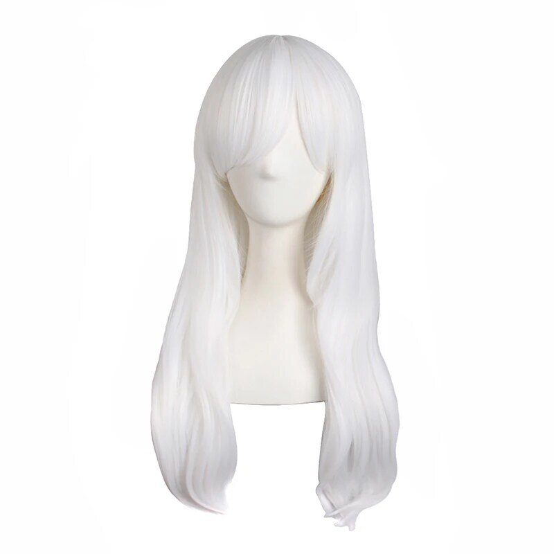 Cos Wig rambut panjang wanita, rambut palsu lurus Universal 60cm poni miring keriting mikro Anime putih murni alami