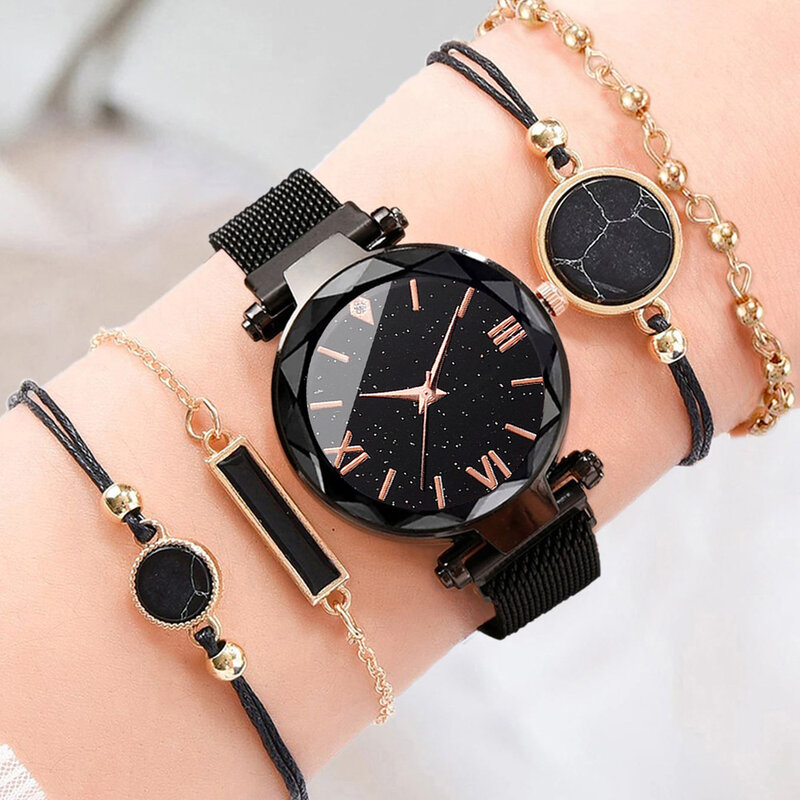 女性のためのシンプルな鉄の吸収クォーツ時計セット、スチールベルト、韓国版、新しいファッション
