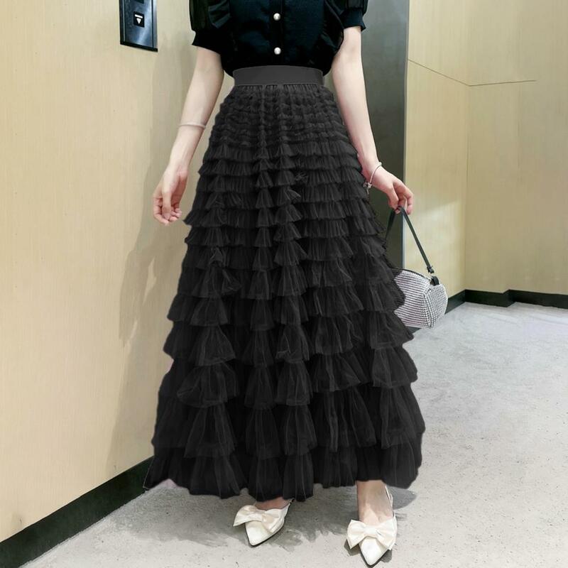 Elegant A-line Skirt Elegant High Waist A-line Maxi Skirt with Ruffle Detail Pleated Patchwork Women's Solid Color Princess