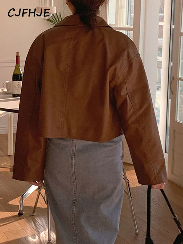 CJFHJE-chaqueta de cuero con cremallera para mujer, abrigo recortado de piel sintética, Estilo Vintage, para motorista