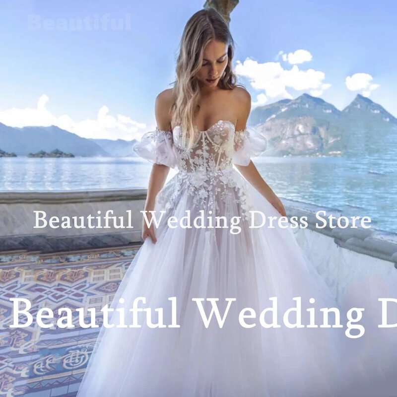 Gaun pernikahan untuk wanita leher kesayangan dapat dilepas lengan pendek bunga renda applique A-Line gaun pengantin