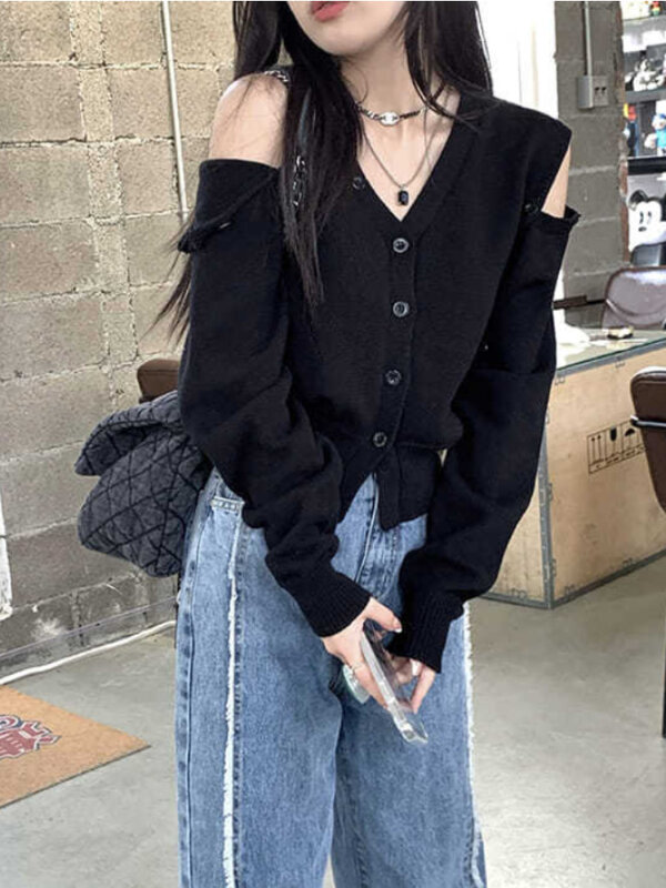 Deeptown moda coreana Cardigan oversize donna Harajuku con scollo a v maglione lavorato a maglia dolce Sexy con spalle scoperte manica lunga Crop Top Y2K