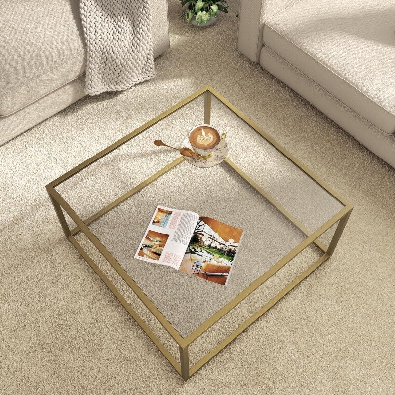四角いガラスコーヒーテーブル、リビングルーム用のシンプルでモダンなテーブル、26.7x26.7x15.7インチ