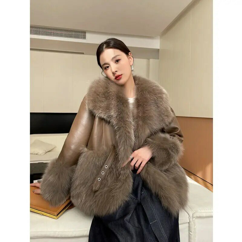 Casaco acolchoado de pele de raposa para mulheres, moda coreana, vintage, grosso, quente, outwear de rua, novo, inverno, 2023