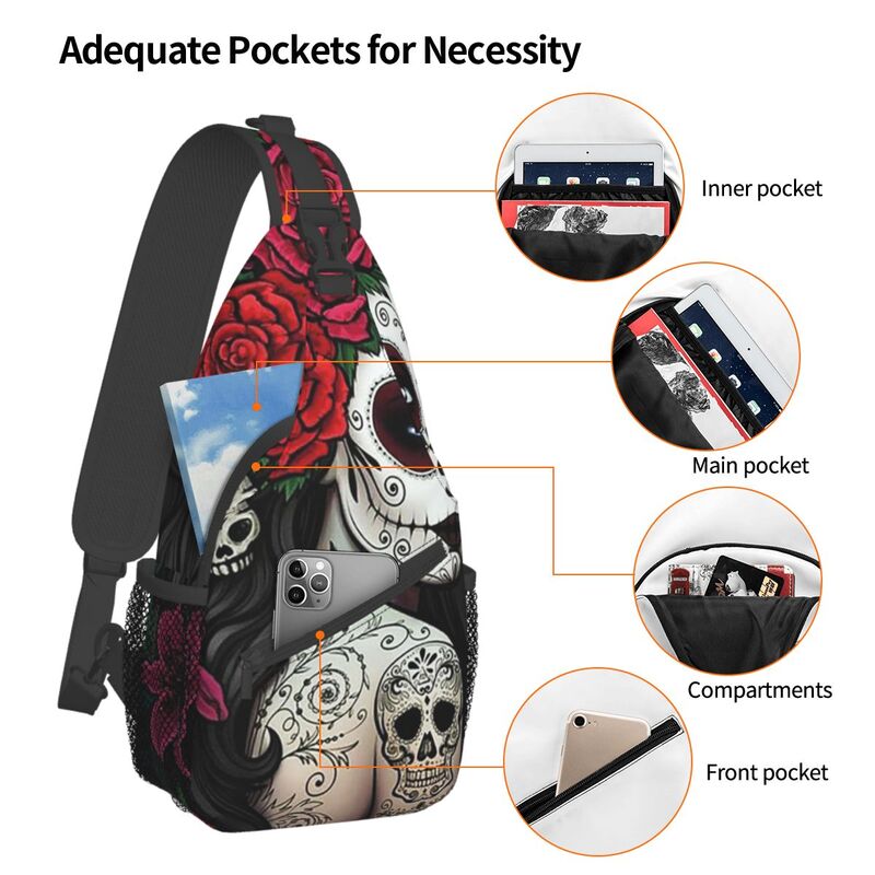 Sugar Skull Crossbody Sling Bags SmallChest Bag Beautiful Girl Shoulder Backpack Daypack for Travel Hiking Camping Satchel