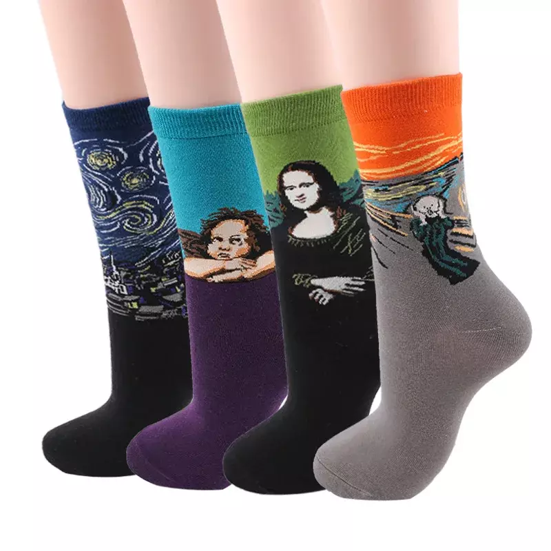 Kaus kaki lucu Vintage wanita Mona Lisa kaus kaki kreatif Wanita langit berbintang bahagia kaus kaki Harajuku Jepang Van Gogh 2024 mode baru