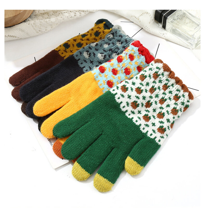 Simpatici guanti a mano lavorati a maglia con fiori colorati Vintage donna ragazza Touch Screen guanto caldo in lana spessa guanti invernali da sci antivento