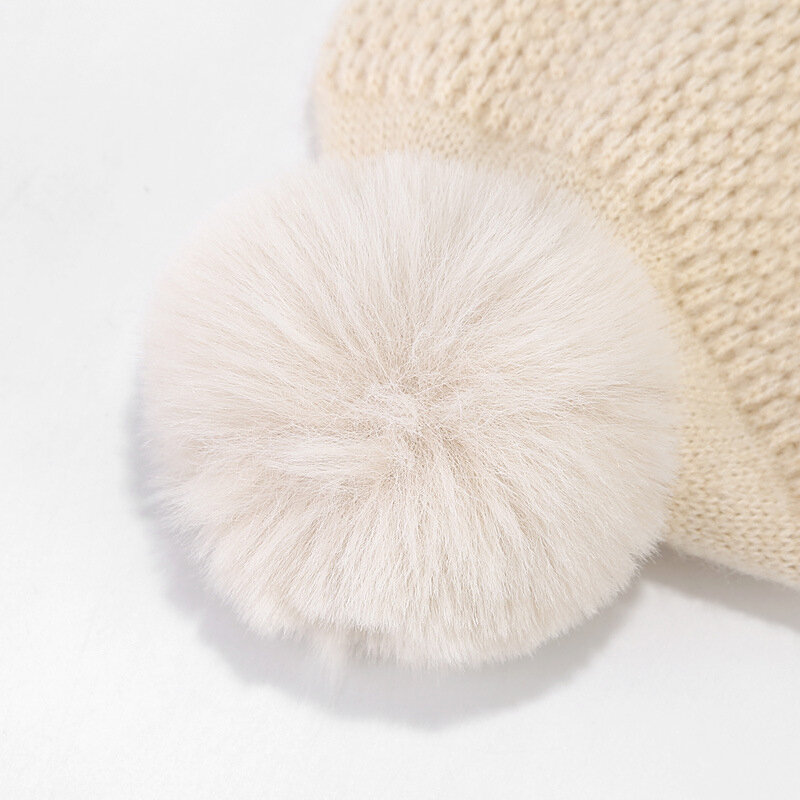 Gorros de punto con etiqueta de oso para niños, gorro de lana de terciopelo a prueba de frío, accesorio cálido para invierno, 3 piezas