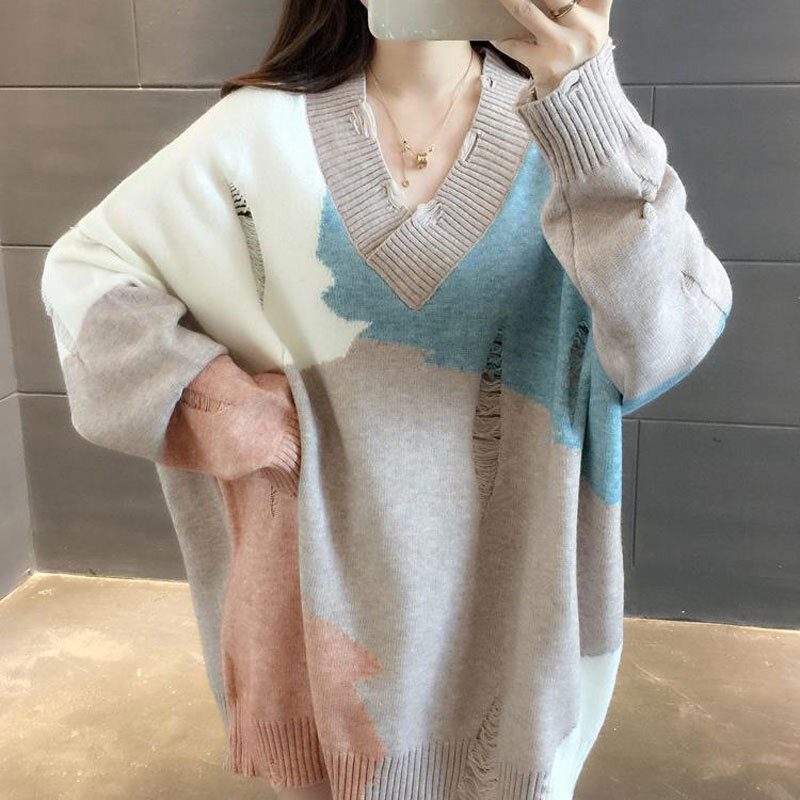 Casualowe, kontrastujące ze sobą swetry jesienno-zimowe koreańskie luźne dekolt w szpic odzież damska stylowe, postrzępione dzianinowe swetry Midi