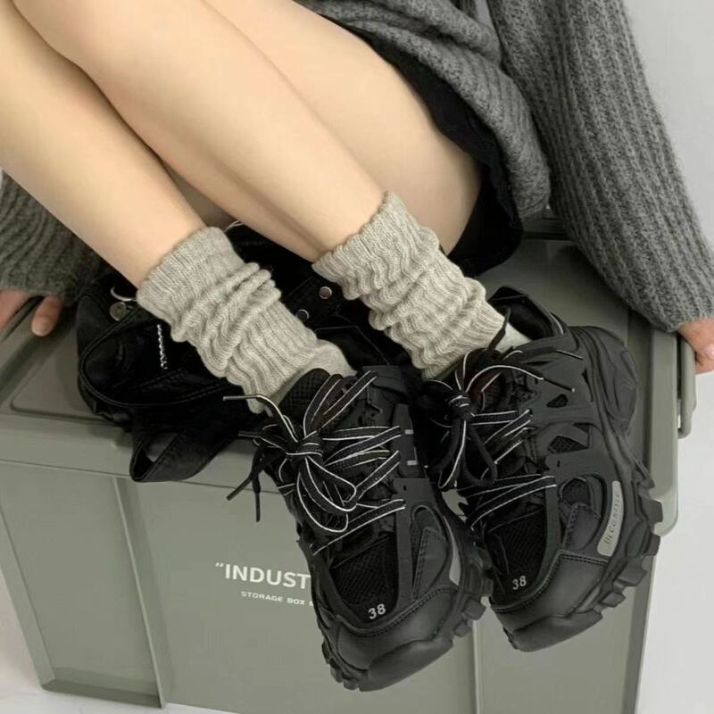 3Pairs  Knitted Long Socks Women Girls Casual Black White Loose Middle Tube Lolita Sox Cotton Solid Boot Cuffs Ruffles Socks
