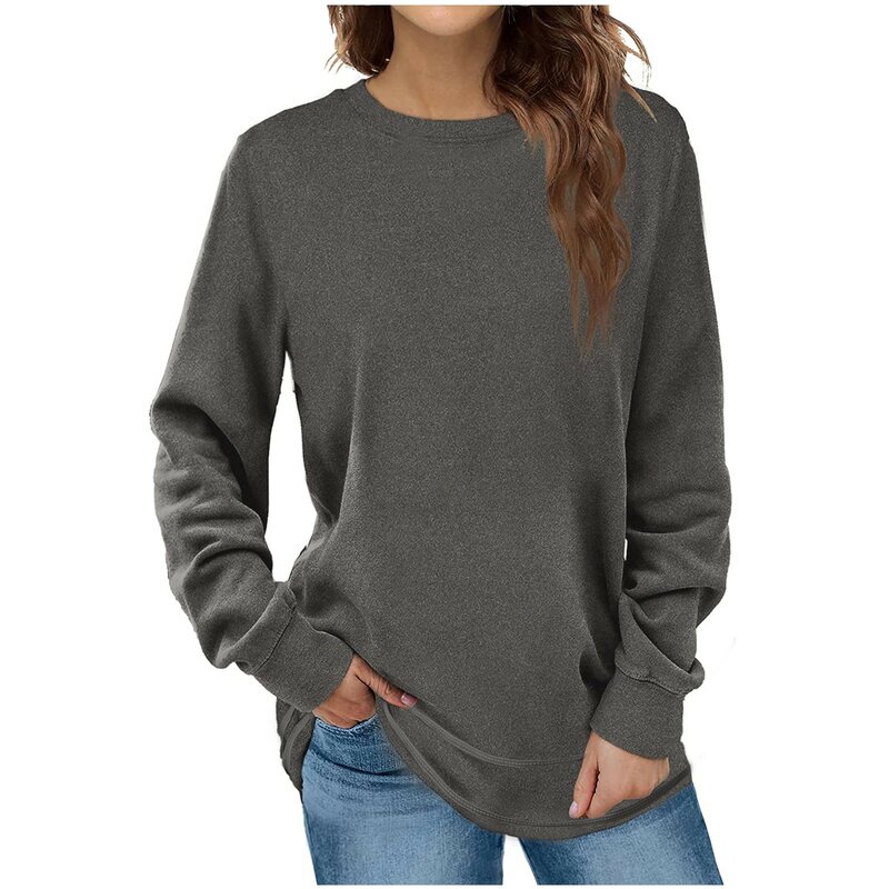 Pullover kaus kasual longgar wanita, kaus atasan simpel lengan panjang leher bulat warna polos musim semi dan musim gugur untuk perempuan