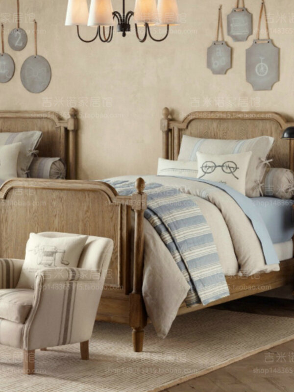 アメリカンカントリーソリッドウッドシングルベッドフレンチレトロディストレストホテル子供用ベッド中世スタイル